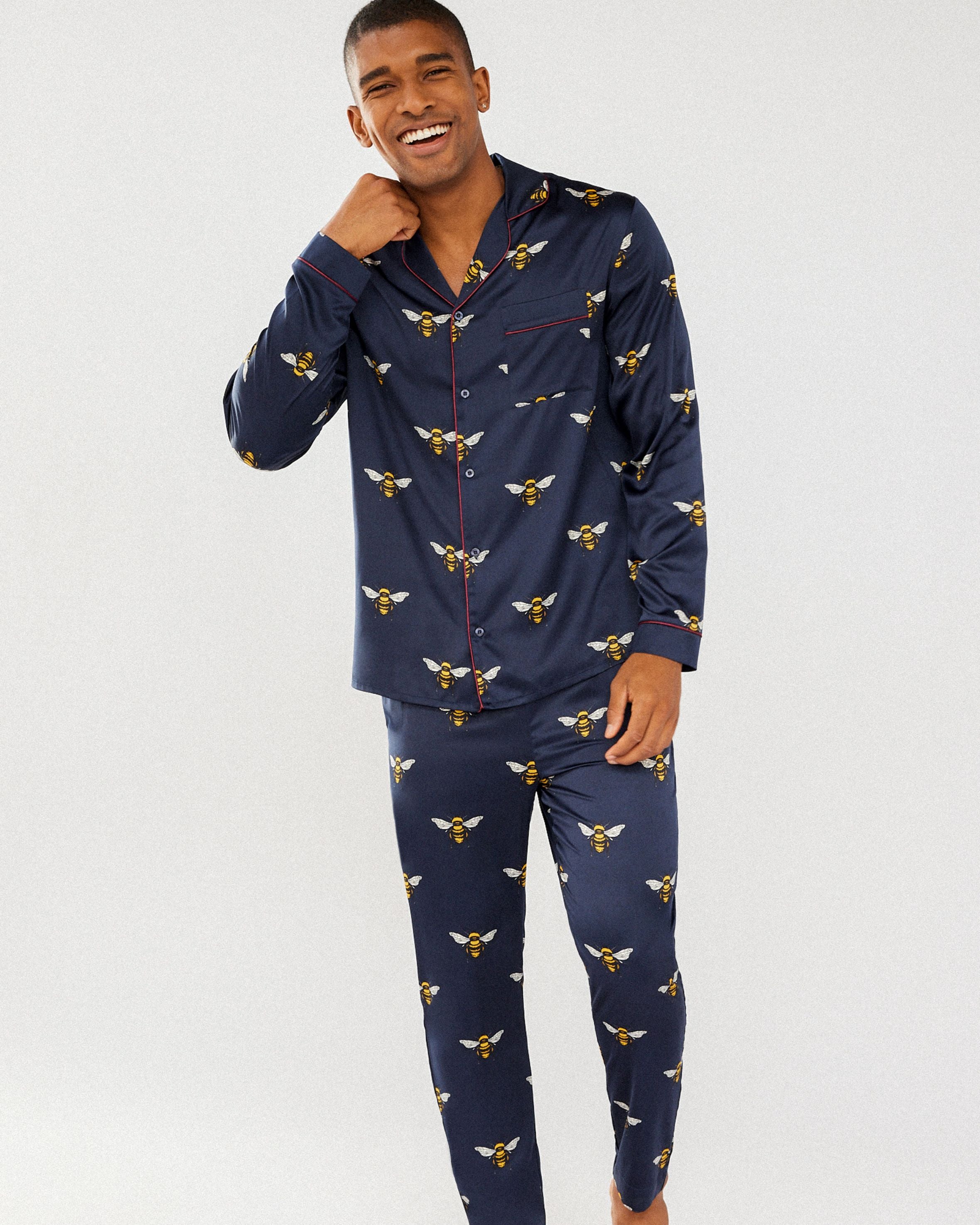 Men's Satin Navy Bee Print Long Pyjama Set – Chelsea Peers NYC