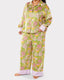 Curve Satin Olive & Lilac Lotus Crane Print Button Up Wide-Leg Long Pyjama Set